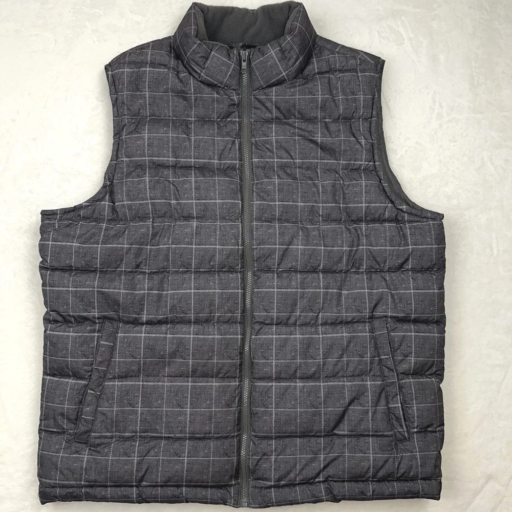 GAP Puffer Vest Full Zip Men's XL Quilted Lined‎ Sleeveless Outerwear Gray Grid